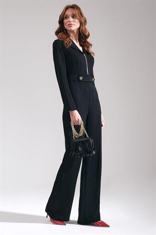 Gold Düğmeli Metal Fermuarlı Siyah Kadın Tulum 72408-2K5