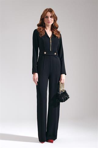 Gold Düğmeli Metal Fermuarlı Siyah Kadın Tulum 72408-2K5