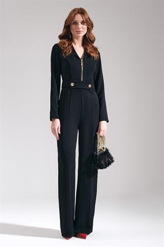 Gold Düğmeli Metal Fermuarlı Siyah Kadın Tulum 72408-2K5