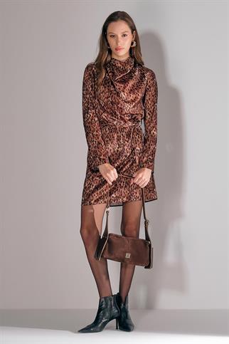 Desenli Saten Parlak Taşlı Kahve  Mini Elbise 57884-2K5