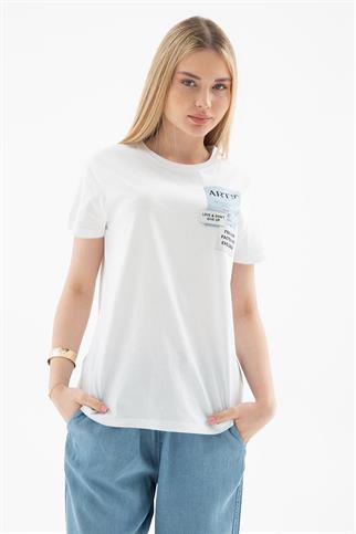 SIFIR YAKA YAZI BASKILI BEYAZ KADIN T-SHİRT  0029-2Y5