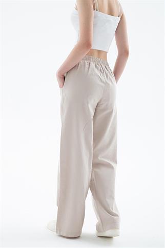 CEPLİ GENİŞ PAÇA BEJ KADIN PANTOLON  0042-2Y5