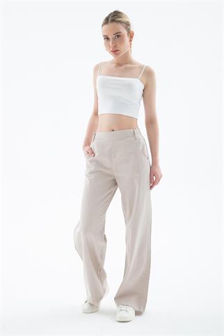 CEPLİ GENİŞ PAÇA BEJ KADIN PANTOLON  0042-2Y5