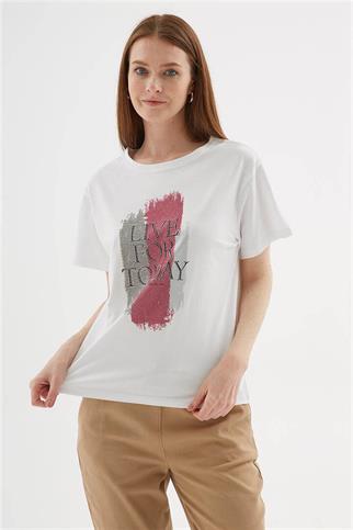 TAŞLI BASKILI BEYAZ KADIN T-SHİRT  0060-2Y5