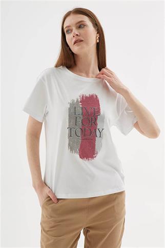 TAŞLI BASKILI BEYAZ KADIN T-SHİRT  0060-2Y5