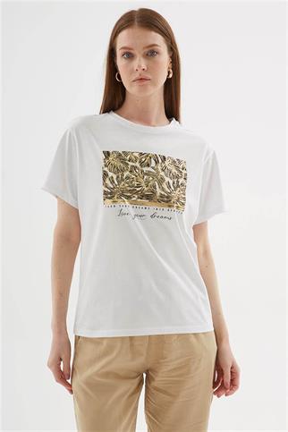 SIFIR YAKA KISA KOLLU BASKILI BEYAZ  KADIN T-SHİRT  0062-2Y5