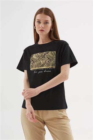 SIFIR YAKA KISA KOLLU BASKILI SİYAH KADIN T-SHİRT 0062-2Y5