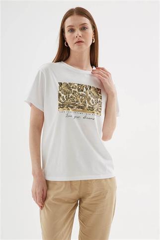 SIFIR YAKA KISA KOLLU BASKILI BEYAZ  KADIN T-SHİRT  0062-2Y5