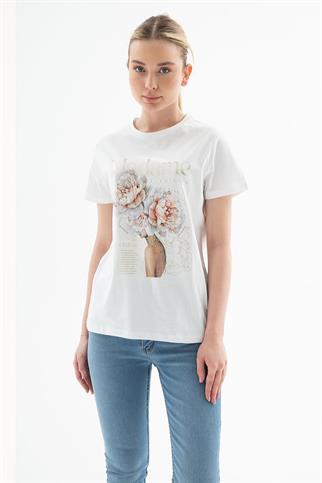 ÇİÇEK BASKILI BEYAZ KADIN T-SHİRT  0085-2Y5