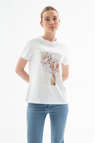 ÇİÇEK BASKILI BEYAZ KADIN T-SHİRT  0085-2Y5