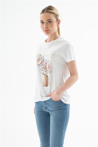 ÇİÇEK BASKILI BEYAZ KADIN T-SHİRT  0085-2Y5