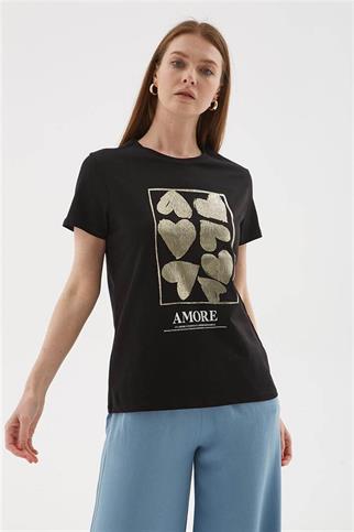 KALP BASKILI KISA KOLLU SİYAH KADIN T-SHİRT  0093-2Y5
