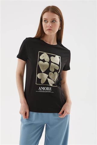 KALP BASKILI KISA KOLLU SİYAH KADIN T-SHİRT  0093-2Y5