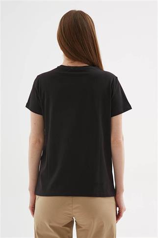 SIFIR YAKA BASKILI SİYAH KADIN T-SHİRT  0097-2Y5