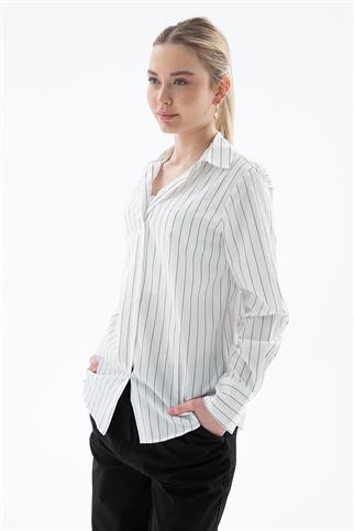 UZUN KOLLU ÇİZGİLİ EKRU KADIN GÖMLEK 0102-2Y5