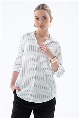 UZUN KOLLU ÇİZGİLİ EKRU KADIN GÖMLEK 0102-2Y5