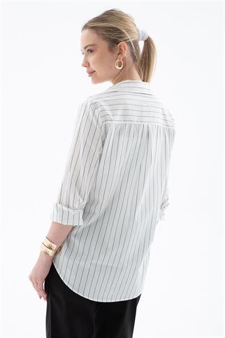 UZUN KOLLU ÇİZGİLİ EKRU KADIN GÖMLEK 0102-2Y5