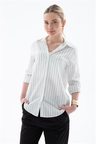 UZUN KOLLU ÇİZGİLİ EKRU KADIN GÖMLEK 0102-2Y5