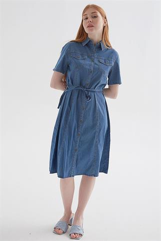 GÖMLEK YAKA  KEMERLİ MAVİ KADIN ELBİSE  0108-2Y5