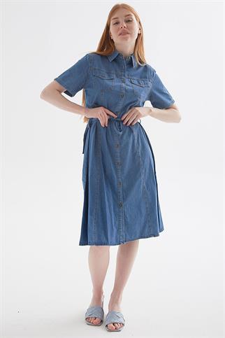 GÖMLEK YAKA  KEMERLİ MAVİ KADIN ELBİSE  0108-2Y5