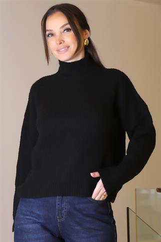 YARIM BALIKÇI UZUN KOLLU SİYAH KADIN KAZAK 0116-2K5