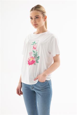 ÇİÇEK BASKILI KISA KOLLU BEYAZ KADIN T-SHİRT  0122-2Y5