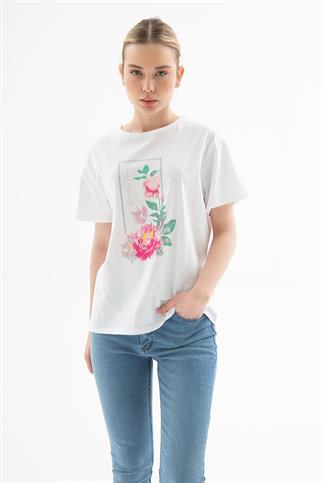 ÇİÇEK BASKILI KISA KOLLU BEYAZ KADIN T-SHİRT  0122-2Y5