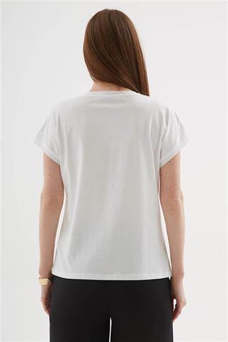 KISA KOLLU ÇİÇEKLİ BEYAZ KADIN T-SHİRT  0123-2Y5