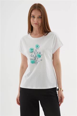KISA KOLLU ÇİÇEKLİ BEYAZ KADIN T-SHİRT  0123-2Y5