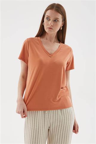V YAKA KISA KOLLU ORANJ KADIN BLUZ  0144-2Y5