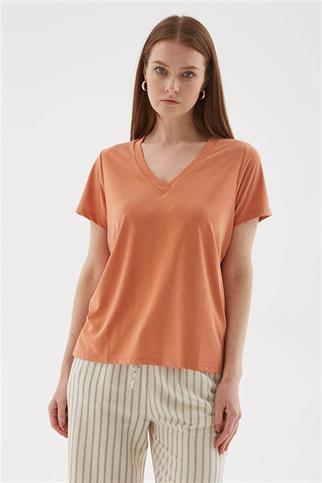 V YAKA KISA KOLLU ORANJ KADIN BLUZ  0144-2Y5