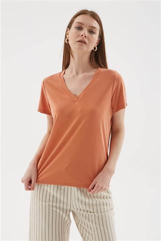 V YAKA KISA KOLLU ORANJ KADIN BLUZ  0144-2Y5