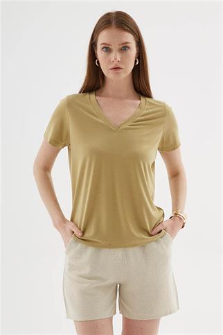 V YAKA KISA KOLLU OLİVE  KADIN BLUZ 0144-2Y5