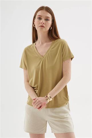 V YAKA KISA KOLLU OLİVE  KADIN BLUZ 0144-2Y5