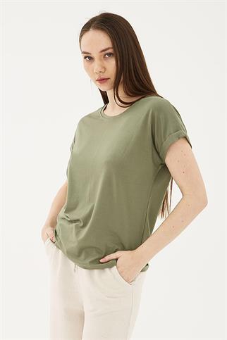 KATLAMALI KOL SIFIR YAKA HAKİ KADIN BLUZ  0194-2Y5