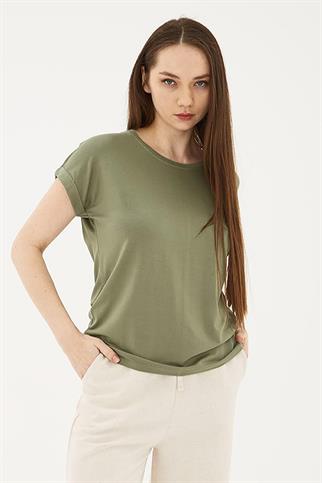 KATLAMALI KOL SIFIR YAKA HAKİ KADIN BLUZ  0194-2Y5