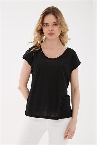 SIFIR YAKA KISA KOLLU SİYAH  KADIN BLUZ 0202-2Y5