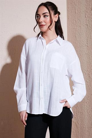 UZUN KOLLU CEPLİ BEYAZ  KADIN GÖMLEK 0245-2Y5