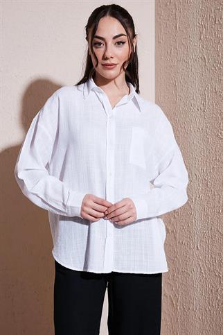 UZUN KOLLU CEPLİ BEYAZ  KADIN GÖMLEK 0245-2Y5