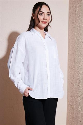 UZUN KOLLU CEPLİ BEYAZ  KADIN GÖMLEK 0245-2Y5