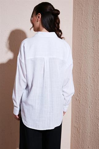 UZUN KOLLU CEPLİ BEYAZ  KADIN GÖMLEK 0245-2Y5