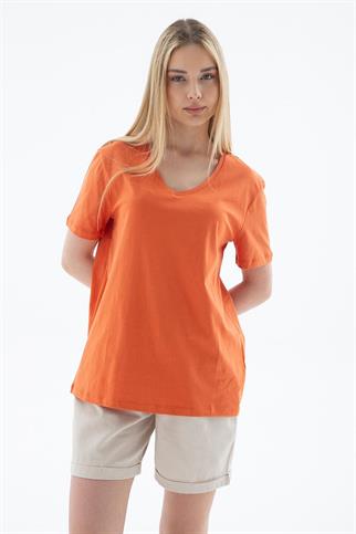 V YAKA KISA KOLLU TURUNCU KADIN  T-SHİRT  0248-2Y5