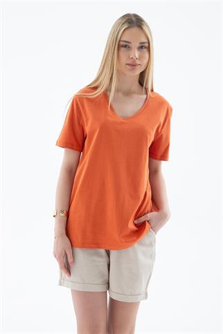 V YAKA KISA KOLLU TURUNCU KADIN  T-SHİRT  0248-2Y5