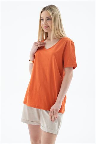 V YAKA KISA KOLLU TURUNCU KADIN  T-SHİRT  0248-2Y5