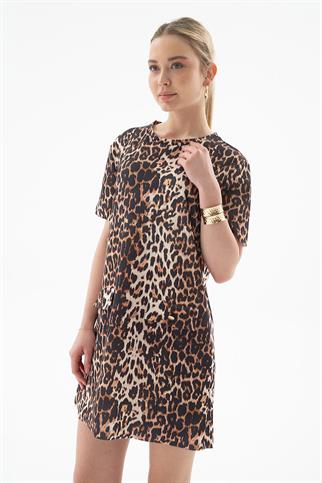KISA KOLLU LEOPAR DESENLİ KADIN ELBİSE  0262-2Y5