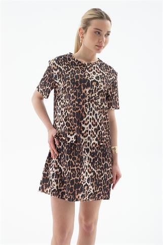 KISA KOLLU LEOPAR DESENLİ KADIN ELBİSE  0262-2Y5