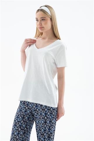V YAKA BASIC EKRU KADIN T-SHİRT  0321-2Y5