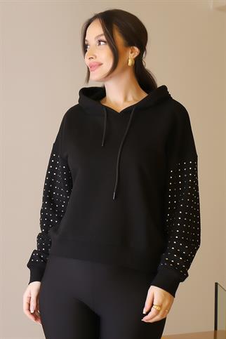KOLLARI TAŞLI SİYAH KADIN SWEATSHİRT  0390-2K5