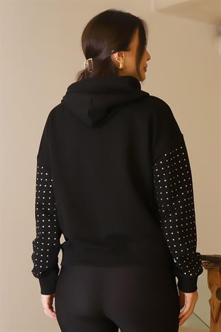 KOLLARI TAŞLI SİYAH KADIN SWEATSHİRT  0390-2K5