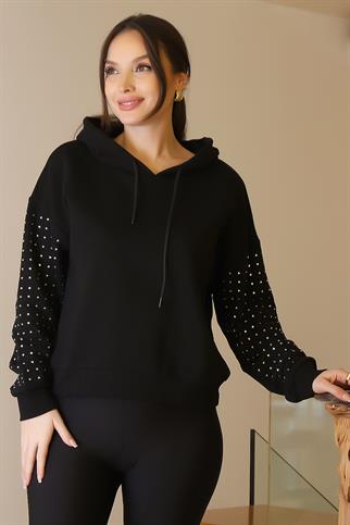 KOLLARI TAŞLI SİYAH KADIN SWEATSHİRT  0390-2K5